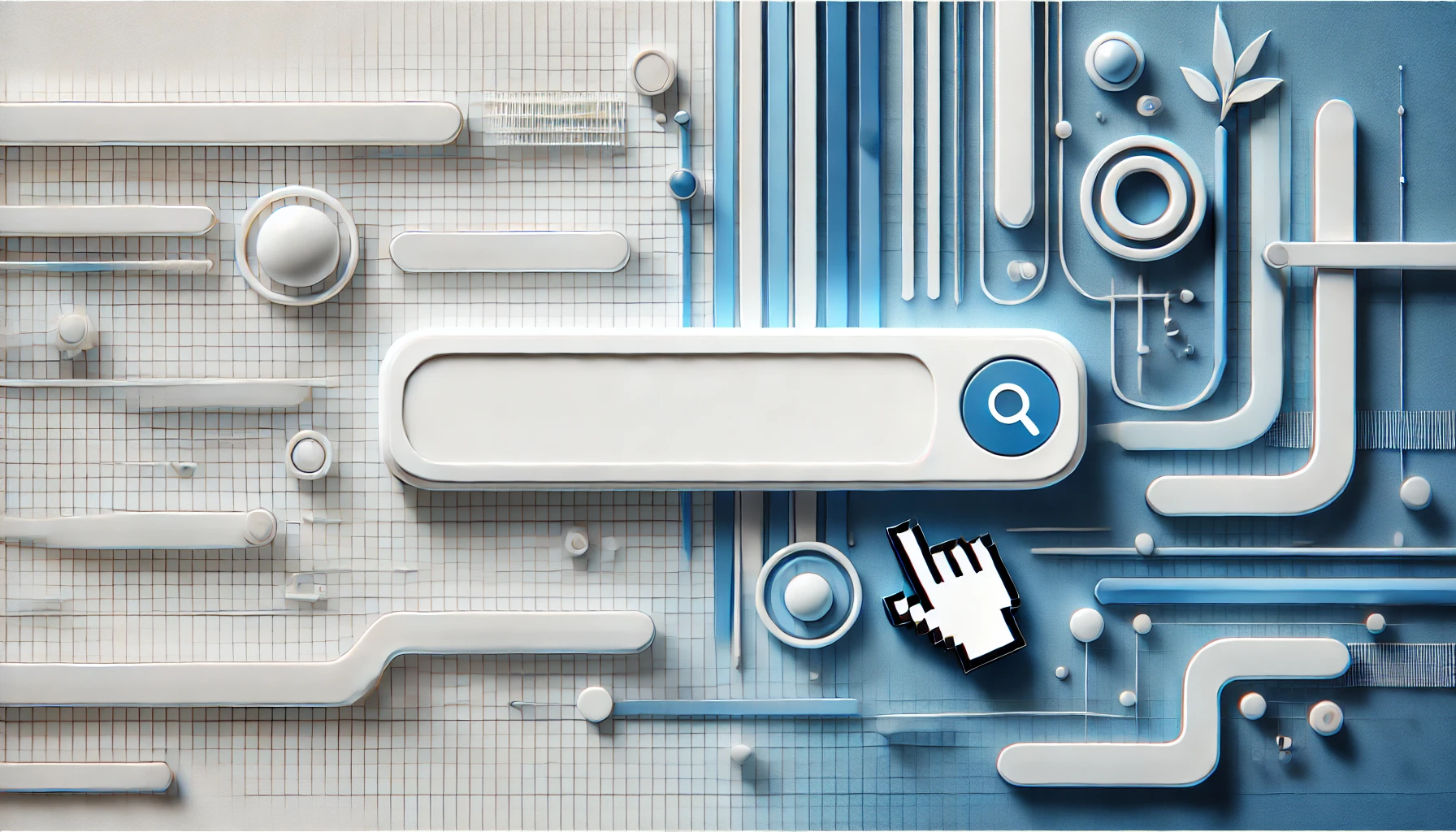 DALL%C2%B7E 2024 06 18 17.08.54 A horizontal white web search bar with an arrow cursor next to it. The background features shades of white and blue with a technology related or soli