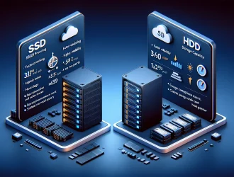 DALL%C2%B7E 2024 04 24 12.13.23 Create a 3D style illustrative image comparing two servers one equipped with SSDs and the other with HDDs on a deep navy blue 001042 background.