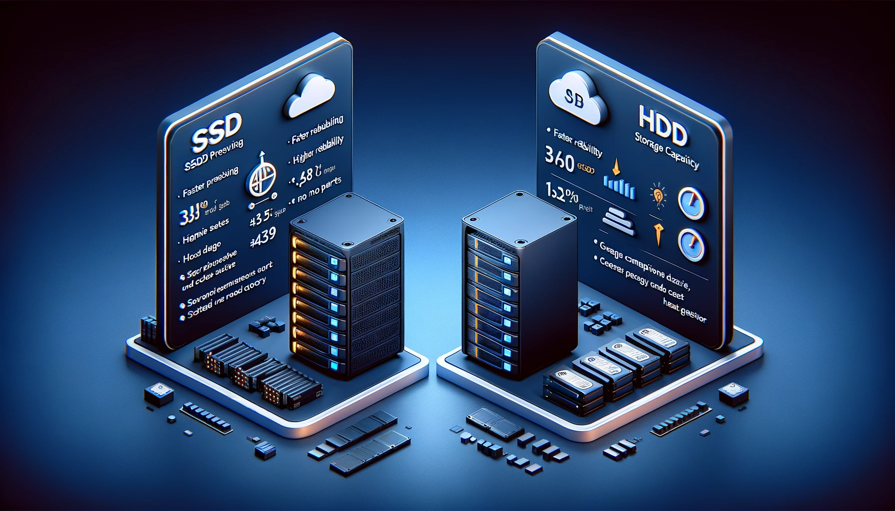DALL%C2%B7E 2024 04 24 12.13.23 Create a 3D style illustrative image comparing two servers one equipped with SSDs and the other with HDDs on a deep navy blue 001042 background.
