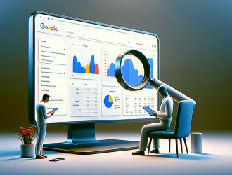 DALL·E 2024 01 25 16.57.32 Create a 3D style digital image featuring an enormous computer monitor displaying the Google Search Console interface with detailed analytics charts a