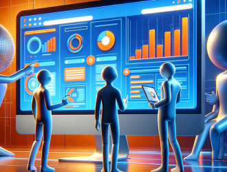 DALL·E 2024 01 25 15.45.20 Three 3D human characters in front of a giant computer screen with a strong emphasis on orange and blue colors. The characters are depicted as making