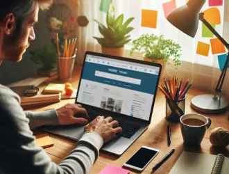 a person creating a web site on a laptop with Sitejet jpg