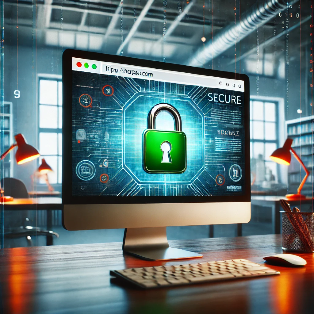 DALL%C2%B7E 2024 07 04 21.54.43 A serious image for a blog showing a computer screen displaying a secure website with a browser tab that has a green padlock symbol representing sec