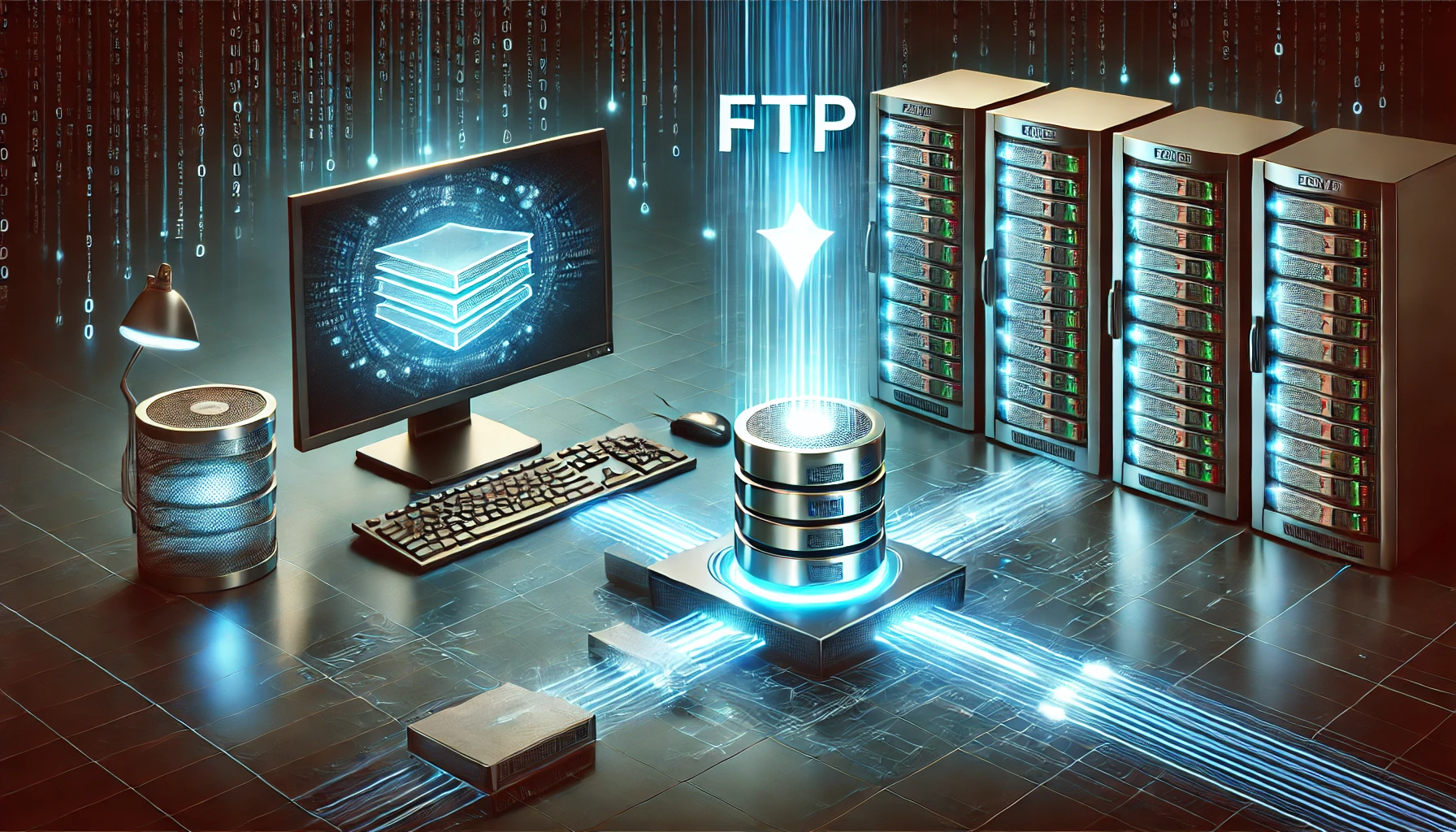 DALL%C2%B7E 2024 07 06 22.27.32 A 4D high quality image of a computer and a data center transferring files via FTP to a server. The scene should show the computer on the left side a