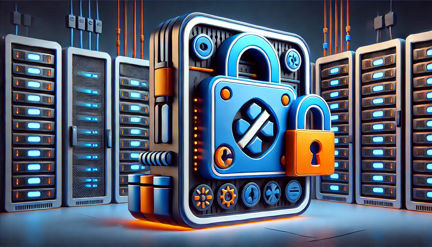 DALL%C2%B7E 2024 07 07 17.32.07 A high quality 3D image for a blog about a Wildcard Certificate featuring colors blue orange dark blue and light bluish white. The image should in