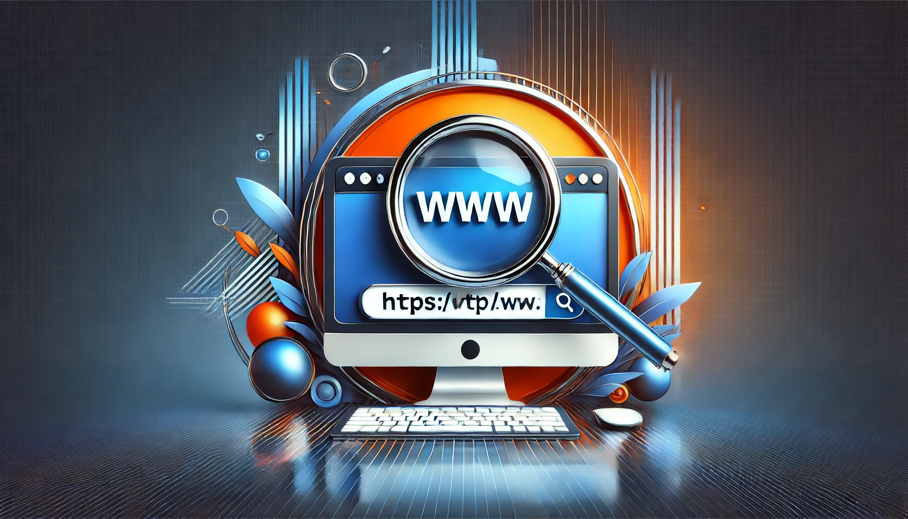 DALL%C2%B7E 2024 07 07 18.05.30 A modern web design concept featuring a computer with a magnifying glass highlighting the www in the URL bar. The design includes colors of blue or