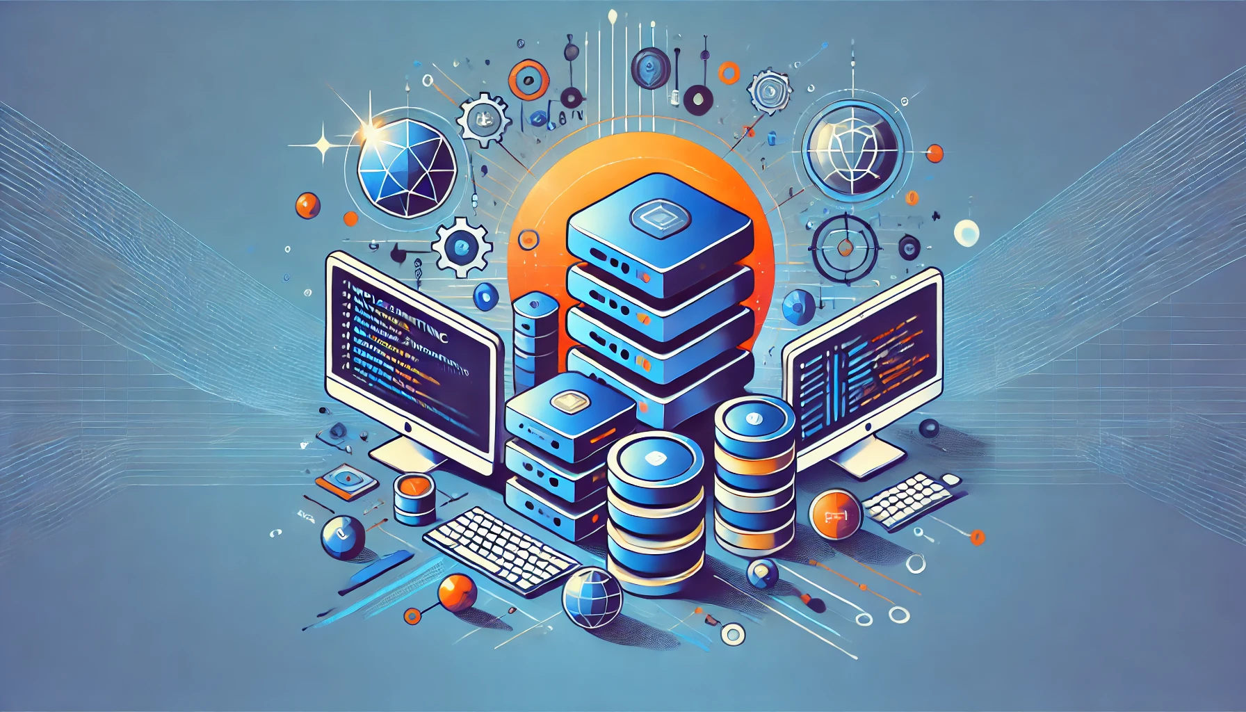 DALL%C2%B7E 2024 07 07 19.37.15 A featured image for a blog titled Implementing and Managing Laravel Applications using cPanel. The design should use the colors blue orange dark