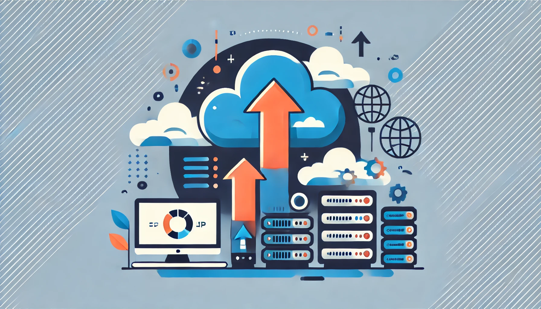 DALL%C2%B7E 2024 07 25 12.17.19 Create a featured image for a blog about web hosting using blue orange dark blue and light blue colors. The image should include a cloud representi