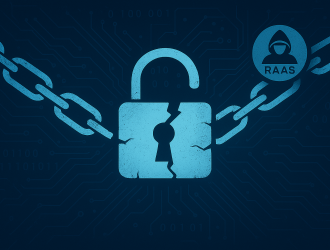 Image illustrating the impact of Ransomware-as-a-Service (RaaS) on enterprises, showing a broken padlock and digital chains.