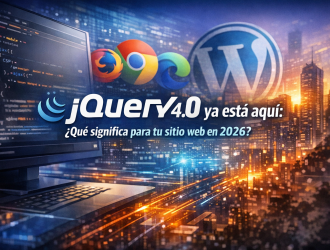 Logotipo de jQuery 4.0 rodeado de líneas de código JavaScript moderno, iconos de navegadores actuales y el logo de WordPress difuminado al fondo con estilo tecnológico.