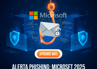 Ilustración de un anzuelo de phishing atrapando un sobre de correo corporativo frente a servidores protegidos con escudos digitales, estilo tecnológico en azul y naranja.