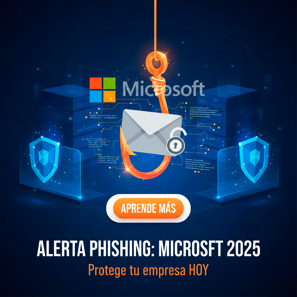 Ilustración de un anzuelo de phishing atrapando un sobre de correo corporativo frente a servidores protegidos con escudos digitales, estilo tecnológico en azul y naranja.