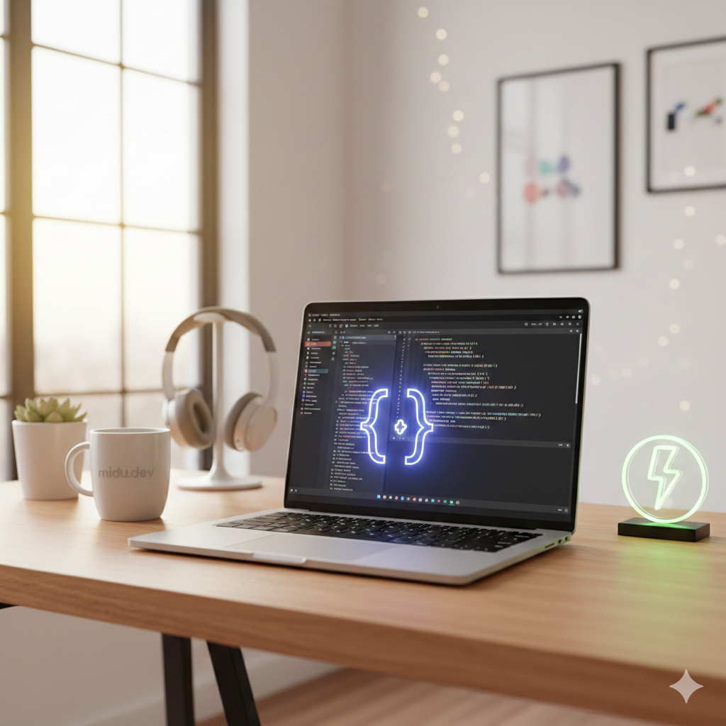 Minimalist desktop of a web developer with laptop showing JavaScript code and midu.dev logo on a mug, tech creator style.