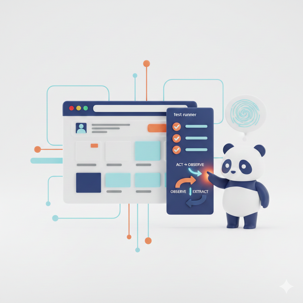Ilustración 3D de un panda corporativo de ClickPanda analizando un flujo de pruebas E2E con IA (act, observe, extract) en un navegador web.