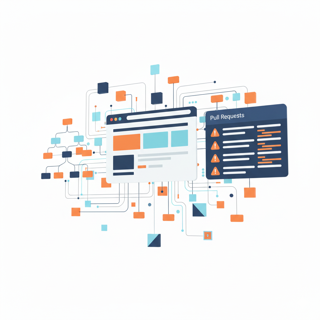Illustration of a minimalist web browser with a dependency tree diagram and a Pull Requests alert panel, in 3D style with ClickPanda corporate colors.