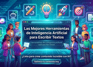 Escritorio tecnológico con laptop mostrando interfaz de herramientas de inteligencia artificial para escribir textos.