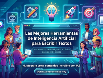 Escritorio tecnológico con laptop mostrando interfaz de herramientas de inteligencia artificial para escribir textos.