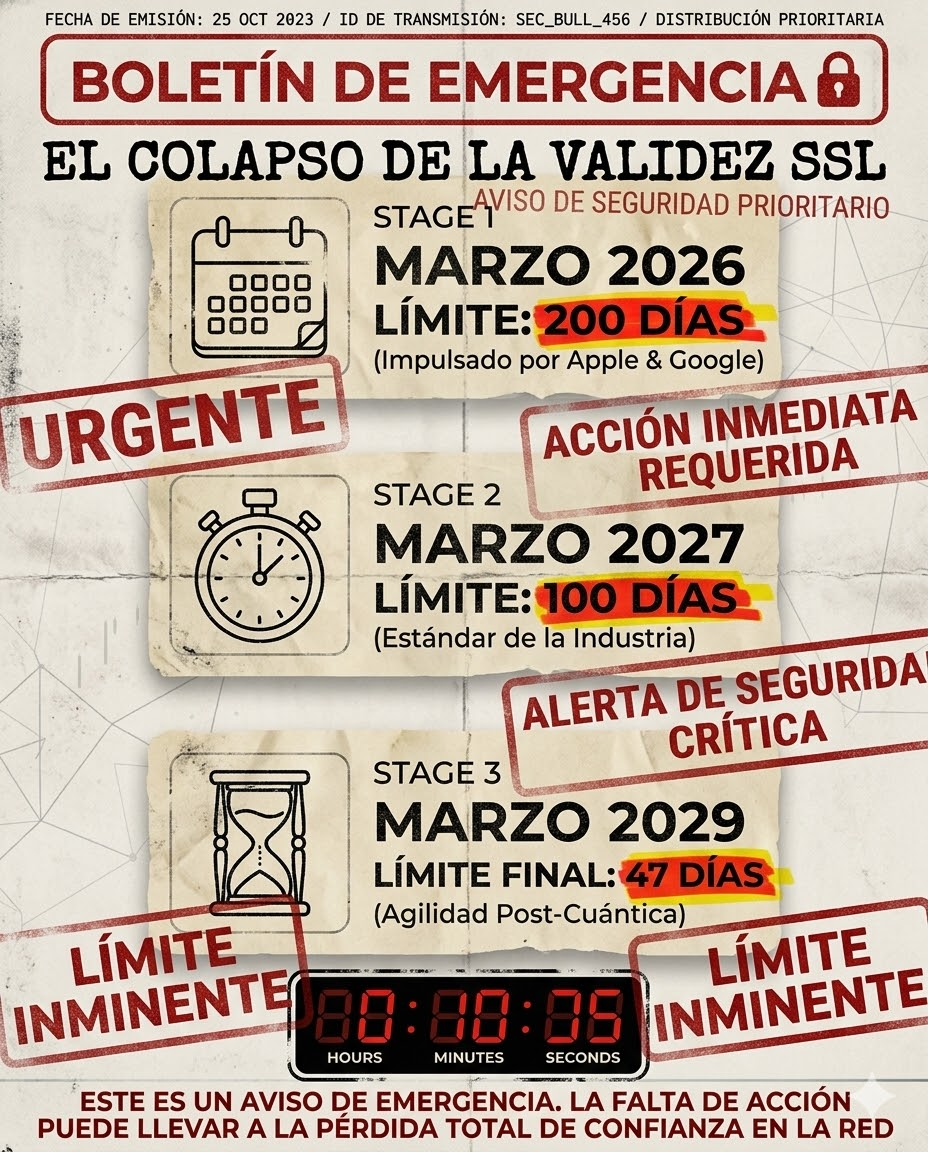 Emergency infographic on the reduction of SSL certificate validity limit to 200 days as of March 2026, marking a critical transition to shorter security cycles
