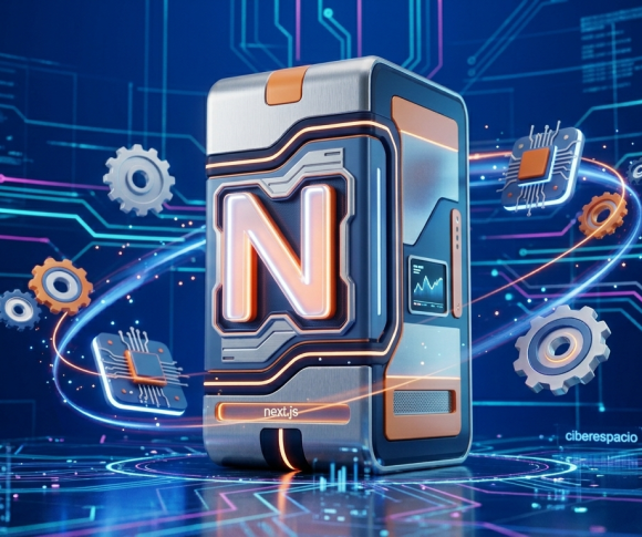 Imagen 3D detallada de un servidor tecnológico futurista con el logo de Next.js