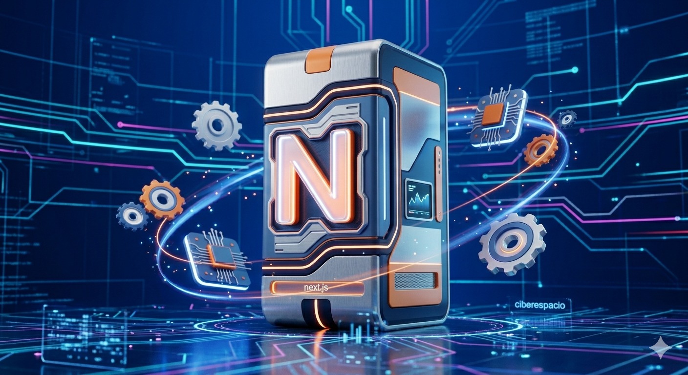 Imagen 3D detallada de un servidor tecnológico futurista con el logo de Next.js